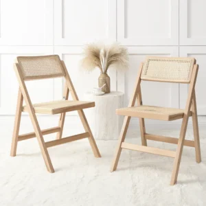 Set of 2 Folding Cane Rattan Chairs, Natural Colour
